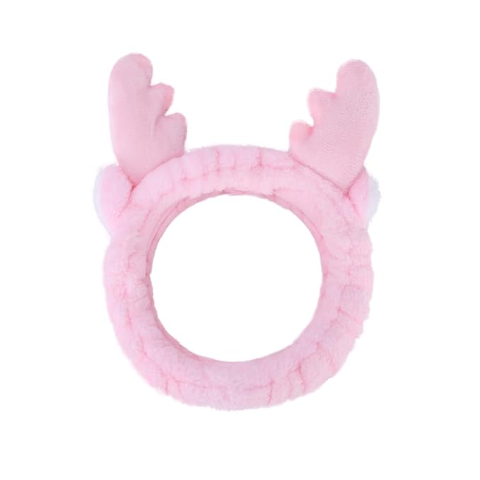 Jowmoy Cute Pink antlers Headband Frog Eye Elastic to Wash Face for Women Makeup Shower Spa.