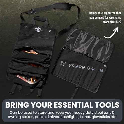 Roll Up Heavy Duty Tool Bag 900D Canvas & 1680D Straps - Detachable Wrench Roll + Mesh Pockets - For Overlanding, Camping, Vanlife, Road Trips, Offroading (Black)