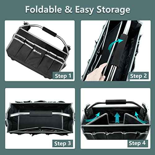 16in Tool Bags For Men Heavy Duty, Tool Bag Organizer Foldable Open Top Tool Bags, Tool Tote Bag With Handle, Wide Mouth Electrician Tool Tote, 22 PCS Pockets Tool Carrier, Grey