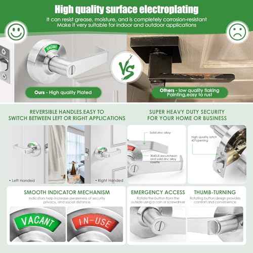 Privacy Keyless Door Handle Lock with in-Use Vacant Indicator for Men/Women Restrooms,Commercial Grade,Vacancy Occupied Sign Bathroom Lever Door Lock,Perfect for Public Washrooms,Satin Nickel