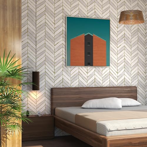 Gold and Light Gray Peel and Stick Wallpaper, Modern Geometric Contact Paper 17.3''x78.7'', Removable Herringbone Wallpaper, Geometric Striped Contact Paper Self-Adhesive for Cabinets