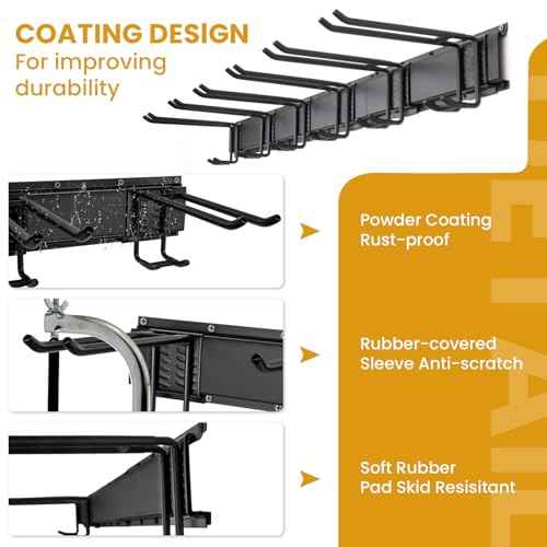 Garage Tool Organizer Wall Mount, 48" Heavy Duty Black Rack with 3 Rails & 6 Double Hooks, Wall Mounted Tool Hanger for Rakes, Shovels, Brooms, Ideal for Garage, Shed, Workshop