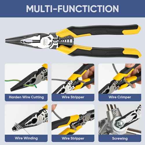 DELI 3PCS Pliers Set, Large 7 in 1 Multifunctional Wire Stripper Crimper Cutter, 9" Long Nose, 9" Linesman, 8" Diagonal Side Cutting