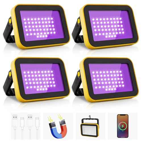Rechargeable LED Black Light, Battery Powered Portable Blacklight, 400nm LED Flood Light Black Lights, Neon Glow Party, Blacklight Catfishing, Halloween, Glow in The Dark Decoration 4 Pack
