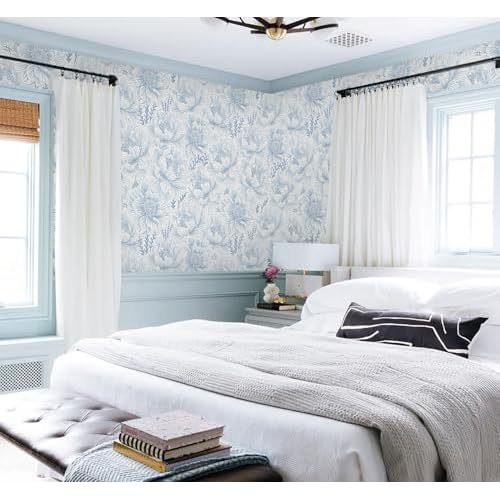 Guvana Peel and Stick Wallpaper Blue Floral Contact Paper Boho Wallpaper Modern Large Blue Flower Wall Paper for Bathroom Bedroom Living Room Accent Wall Removable Waterproof Vinyl Rolls 17.3in¡¿78.7in