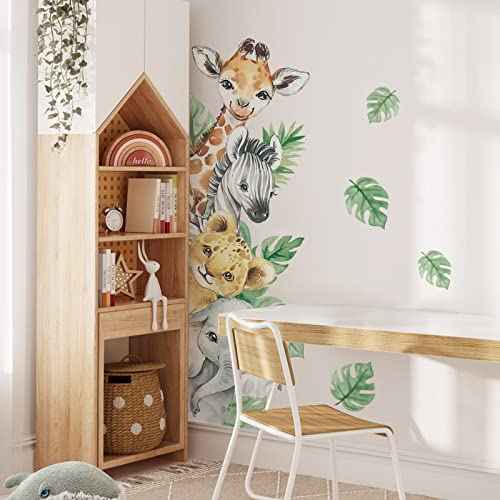 Supzone Jungle Animal Wall Stickers - Cartoon Animal Wall Decals with Giraffe, Zebra, Elephant & Green Leaves - Wall Art Stickers for Kids, Baby Nursery, Bedroom, Playroom & Kindergarten Decor