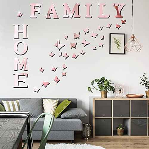 Outus 3D Family Home Sign Letters Living Room Decor Family Rustic Farmhouse Wall Decor Acrylic Mirror Decorative Butterfly Mirror Wall Sticker Decals for Living Room Bedroom Kitchen (Rose Gold)