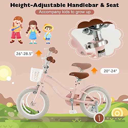 BABY JOY Kids Bike, 12 14 16 18 20 Inch Boys Girls Bike w/Adjustable Seat, Removable Basket, Handbrake & Coaster Brake, Training Wheels or Kickstand, Kids Bicycle with Multi-Color