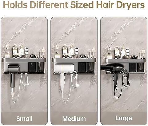 Hair Dryer Holder, Blow Dryer Organizer, Hair Dryer Holder Wall Mounted with Shelf for Bathroom, Salon, Bedroom Organizers & Storage(Matte Grey)