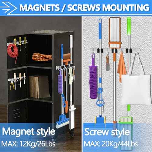 3-H Magnetic Broom Holder Wall Mount 1 Pack, 2-in-1 Dual Mount (No Drill or Screw Fix), 304 Stainless Steel Heavy Duty Magnet Mop Broom Organizer for Kitchen Garden Garage(3 Racks & 4 Hooks,Silver)
