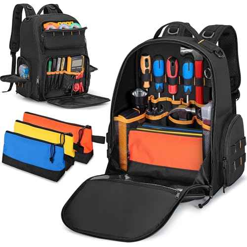 Tool Bag Backpack with 3 Tool Zipper Pouch, Tool Organizer Bag for Men with Padded Support, Tactical Tool Storage Work Bag for Repairman, Electrician, Handyman, Black (Patented Design)