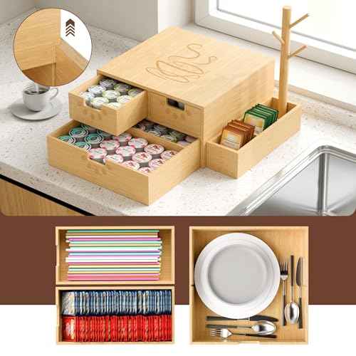 Coffee Pod Drawer, Wooden K Cup Holder with Tree Shape Mug Holder and Side Storage Box, 2-Tier K Pod Drawer Coffee Maker Machine Stand(80 Kcups+60 Tea Bags Capacity)