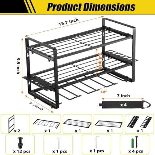 Power Tool Organizer Wall Mount, 2 Pack 3 Layers Garage Wall Shelving, 8 Drill Holder Wall Mount, Cordless Tool Organizer, Garage Storage Rack with 4 Extension Cord Holder
