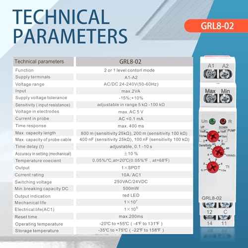 10A Liquid Level Control Relay GRL8-02 AC/DC 24V-240V Water Level Sensor Control Relay with 0.1S-10S Adjustable Time, Automatic UP and Down Liquid Level Controller with 5ft Detector Sensor
