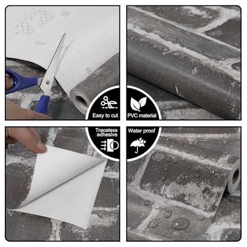 CAX Brick Peel and Stick Wallpaper Grey Brick Wallpaper 17.5''x120'' Textured Bricky Contact Paper Self-Adhesive Removable Faux Peel and Stick Wallpaper for Fireplace Kitchen Home Decoration Vinyl