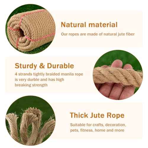Thick Twisted Manila Ropes 1Inch¡¿100ft Natural Jute Rope Heavy Duty Hemp Rope for Swing Bed, Crafts, Railing, Tug of War, Landscaping, Gardening, Bundling, Hammock, Home Decorating