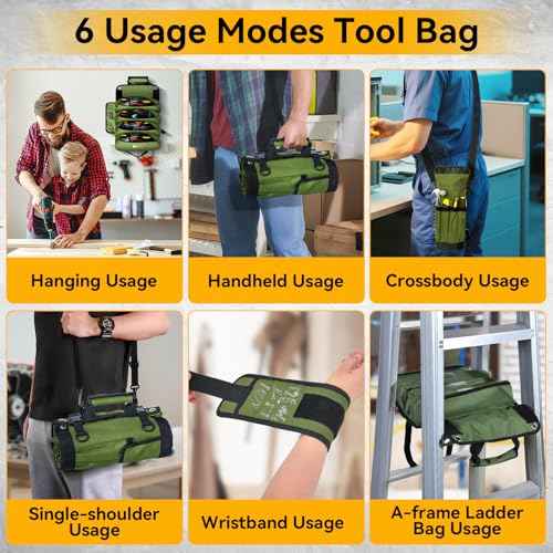 Roll Up Tool Bag Organizer 10 Pocket Tool Roll Heavy Duty Electrician Tool Bag for Men Dad Handyman Magnetic Wristband Mechanic Tool Storage Bag Rollup Pouch Car Tool Carrier Plumber Gadget Bag Green