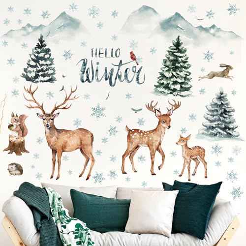 Kajaia Winter Christmas Forest Deer Wall Decals Stickers Woodland Pine Tree Animal Wall Decals Peel and Stick Snowflakes Rabbit Mountain Birds Stickers for Xmas Living Room Holiday Decor