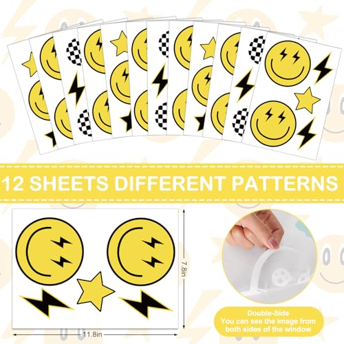 Whaline 12 Sheets One Happy Dude Wall Stickers Black Yellow Smile Face Lightning Star Checkered Dot Wall Decals Preppy Room Mural Stickers for Party Home, 7.9 x 11.8 Inch