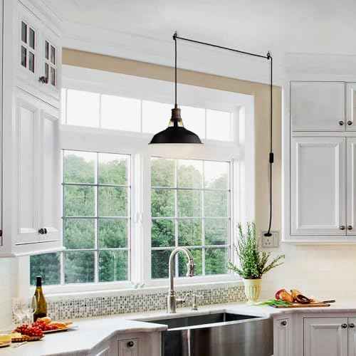 CLAXY Plug in Pendant Lights Adjustable Hanging Pendant Light Fixture with Black Barn Shade On/Off Switch Swag Pendant Lamp Set of 2