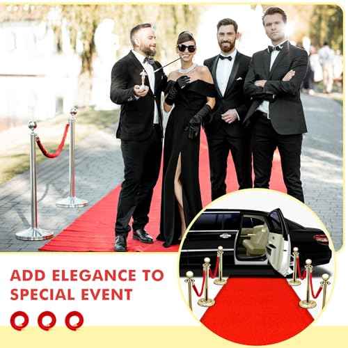 Woanger 6 Pack Velvet Stanchion Rope, 5 Feet Crowd Control Stanchion Ropes Safety Barrier with Gold Plated Hook for Carpet Events Movie Theaters Grand Openings Hotels Party (Red)