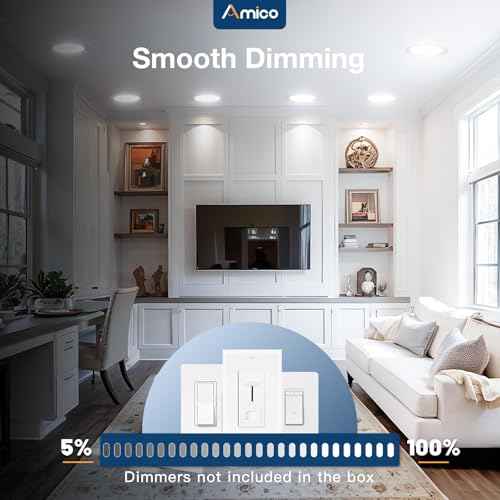 Amico 4 Pack 7 Inch 5CCT Ultra-Thin LED Canless Recessed Ceiling Light with Junction Box, 2700K/3000K/3500K/4000K/5000K Selectable, 15W=100W, 1300LM High Brightness, Dimmable Wafer Downlight-ETL&FCC