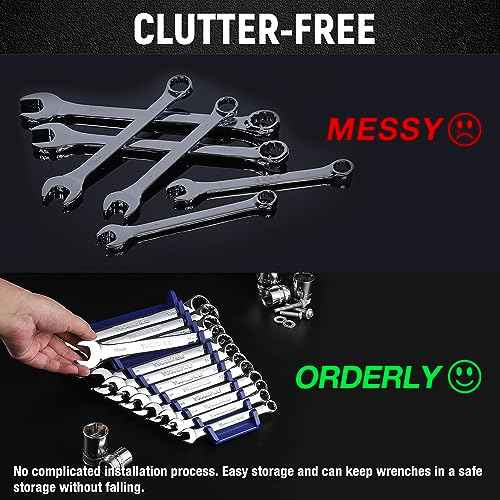 ALOANES 48-Slot Magnetic Wrench Organizer, Wrench Organizer Tray for Tool Box&Wall Mounted, Wrench Holder Fit SAE & Metric Wrench Storage, 4 Pack(Red&Blue)