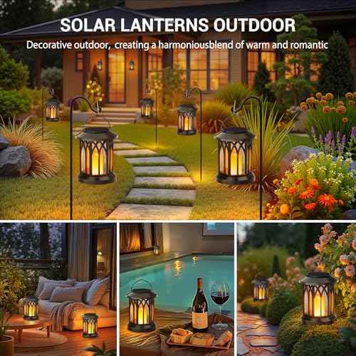 KOOPER 4 Pack Solar Lantern Outdoor Lights, Hanging Solar Lanterns Outdoor Waterproof, Lanterns Decorative Outdoor LED Flickering Flameless Candle Mission Lights for Yard Table Garden (Black)