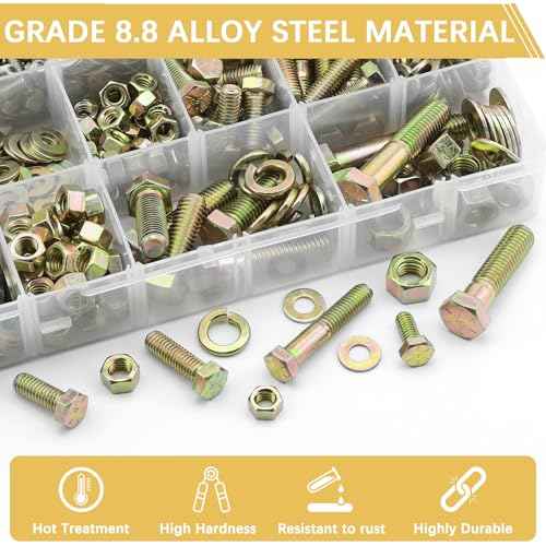 610 PCS Grade8.8 SAE Bolt and Nut Assortment,1/4 5/16 3/8 1/2 Heavy Duty Hex Head Bolts and Nuts Kit with Yellow Zinc Plated, Includes 18 Common Size,Length from 11-65mm
