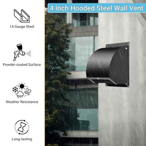 4 Inch Hooded Wall Vent with Screen, Damper, 8-1/4" Length Duct, 14 Gauge Steel Vent Covers for Wall, Wall Vent Cover for Residential Housing and Industrial Facilities Air Exhaust, Black