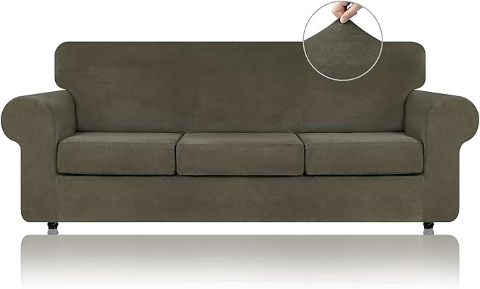 WEERRW 4 Pieces Velvet High Stretch Couch Covers for 3 Cushion Couch Sofa Slipcovers, Washable Furniture Protector with Non Slip Elastic Bottom, Feature Soft and Thick Plush Fabric, Light Brown, Large
