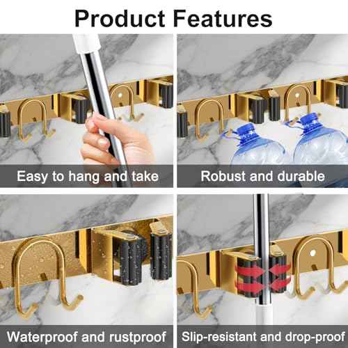 Mop Broom Holder Wall Mount, 2 Packs Gold Stainless Steel Tool Storage Organizer for Kitchen Garden Garage Laundry Room Bathroom and RV with 4 Slots 6 Hooks