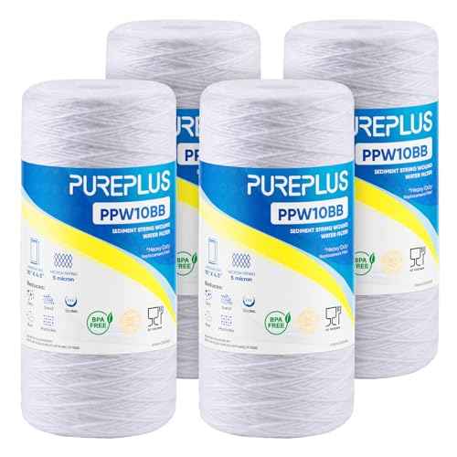 PUREPLUS 5 Micron 10 x 4.5 Whole House String Wound Sediment Filter for Well Water, Replacement Cartridge for 84637, WPX5BB97P, PC10, 355214-45, 355215-45, WP10BB97P, WP5BB97P, 4Pack
