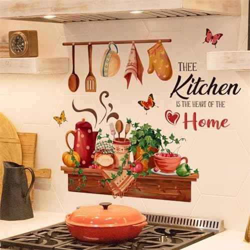 Bowl Kitchenware Utensil Shelf Wall Stickers, sacinora Kitchen is the Heart of Home Butterfly Green Plants Wall Decal Removable Vinyl Peel and Stick for Kitchen Dining Restaurant Baking Room Bar Decor