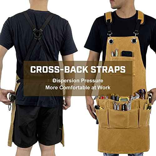 Woodworking Tool Apron, 22 OZ Waxed Canvas Durable Heavy Duty Work Shop Apron, Adjustable to Size S to XXL