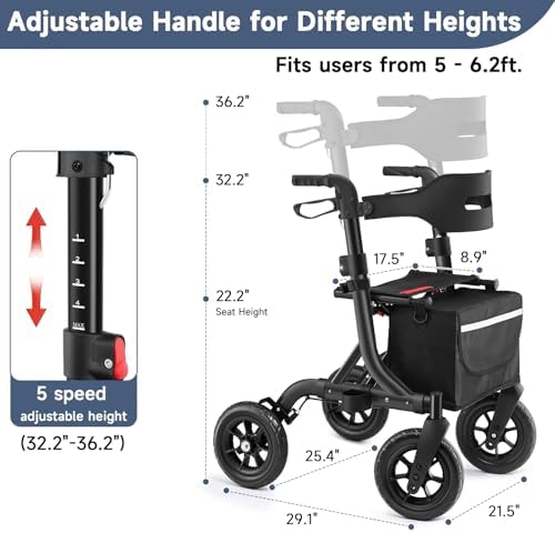 Rollator Walker for Seniors, Foldable All Terrain Rolling Walker with seat, Aluminum Walkers with 10 inch Rubber Wheels, Built-in Cable, Cup Holder, Adjustable Handles and Backrest for Seniors, Black