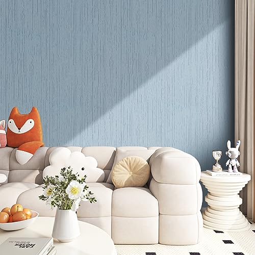FunStick Ash Blue Grasscloth Wallpaper Peel and Stick Textured Blue Wallpaper Self Adhesive Fabric Contact Paper for Cabinets Removable Grass Cloth Linen Wallpapers for Bedroom Bathroom Walls 15.8x80