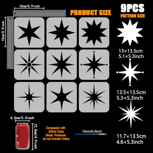 FINGERINSPIRE 9PCS Stars Stencils with 1Pc Plastic Paint Brush 5.9x5.9inch 9 Styles Star Burst Pattern Drawing Templates for Painting on Wood Canvas Fabric Wall Furniture