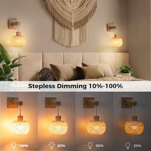 Battery Operated Wall Sconce with Remote Set of 2, Rechargeable Rattan Wall Sconces with 8000mAh Bulbs, Woven Bamboo Wall Light/Lamp Boho Wall Sconce for Bedroom