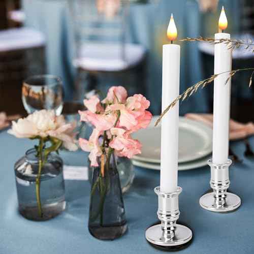LED Flameless Window Candles with Remote Timer Sliver Base 10 PCS Battery Operated Flickering Taper Candle Lights with Removable Candle Holders Best Gift for Xmas Wedding Home Dinner D?cor
