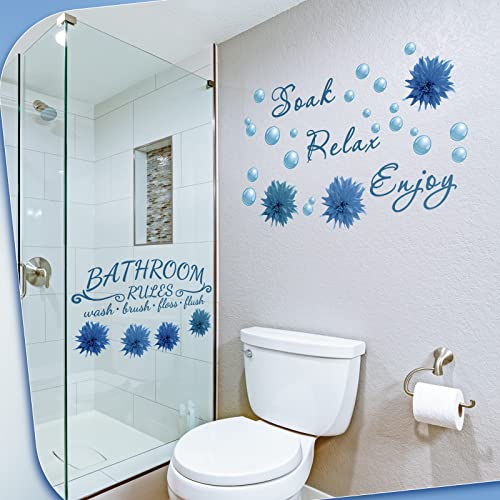 Zonon 2 Pieces Bathroom Wall Decals Sticker Soak Relax Enjoy Toilet Rules Vinyl Quote Wall Decor for Home(Flower Style,Blue)