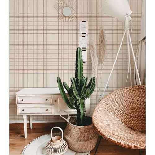 Peel and Stick Wallpaper Check Plaid Boho Neutral - Self Adhesive Waterproof Vinyl Wallpaper for Walls, Kitchen Backsplash, Bathroom, Bedroom, Rentals (Light, 17.3" X 78.73")