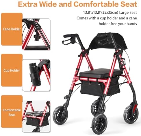 Amblisss Walkers for Seniors with Seat, Foldable Rollator Walkers, 300 lbs Weight Capacity, 8" Wheels Dual Height Ajustable, Rolling Walker with Seat for All-Terrain, Red