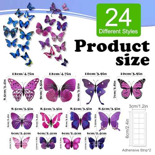 24PCS Butterfly Wall Decor, 3D Butterfly Decorations Wall Art Wall Decals with Magnets & 60PCS Adhesive Tapes 5 Styles Butterfly for Party Refrigerator Window Garden (Magnet Blue+Purple)