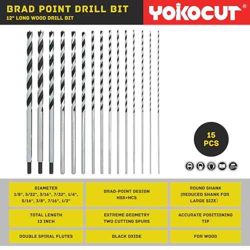 Brad Point Drill Bits Set, 15pcs 12 Inch Long Wood Drill Bits, 1/8" to 1/2" Brad Point Drill Bits for Woodworking, Extra Long Drill Bit for Hardwood, Plywood, PVC, Drywall, Engineered Composites