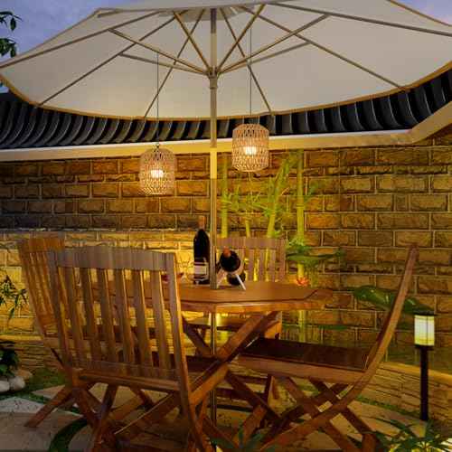 HMVPL Battery Operated Chandelier, Rattan Battery Operated Pendant Light with Remote, Boho Outdoor Chandelier for Gazebo, Wireless Gazebo Light, Outdoor Hanging Lamp for Patio Pergola Indoor(2 Pack)