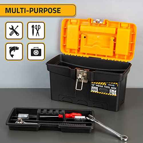 CANOPUS Plastic Toolbox, 13-inch Portable Mega Tool Box with Metallic Clutch, Tool Organizer with Extra Storage Tray for Home Tools, Nails and Pins, Black-Yellow