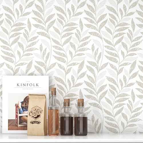 Leaf Peel and Stick Wallpaper Boho 17.3" X 78.8" Beige and White Wallpaper Self Adhesive Removable Wall Paper for Bathroom Kitchen Wallpapers Leaf Contact Paper for Walls Vinyl Roll