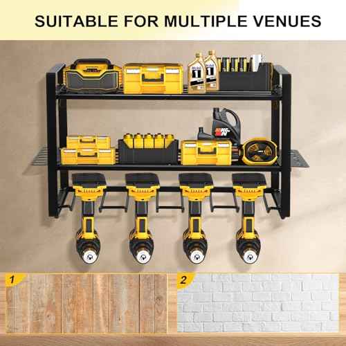 Power Tool Organizer Wall Mount, 2 Pack 3 Layers Garage Wall Shelving, 8 Drill Holder Wall Mount, Cordless Tool Organizer, Garage Storage Rack with 4 Extension Cord Holder