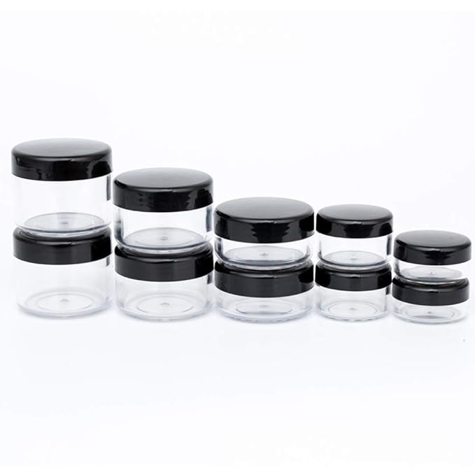 10pcs Small Travel Containers, Black Sample Jars with Screw Lids, 5 Size 3/5/10/15/20 Gram, 12pcs Labels and 2pcs Mini Disposable Spatula, Makeup Sample Containers BPA Free